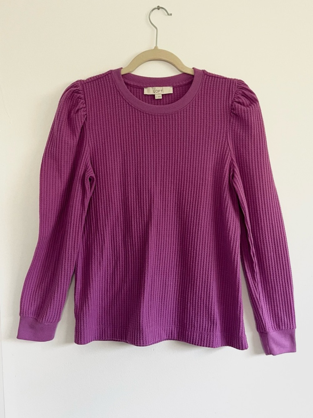 LOFT Magenta Purple Waffle Knit Puff-Shoulder Ribbed Long Sleeve Sweater Top